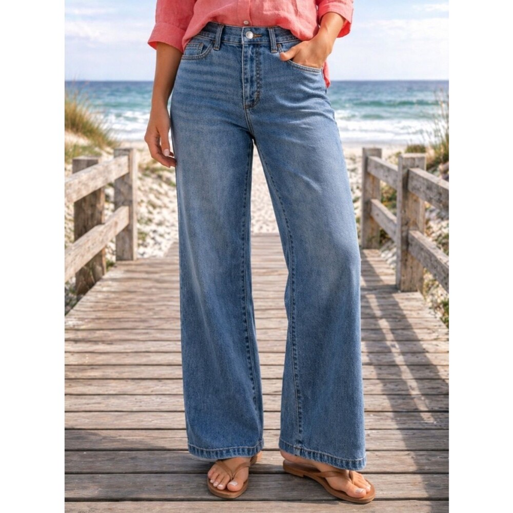Lands’ End Wide Leg Jeans Women 6 Blue High Rise Stretch Relaxed Comfy Denim
